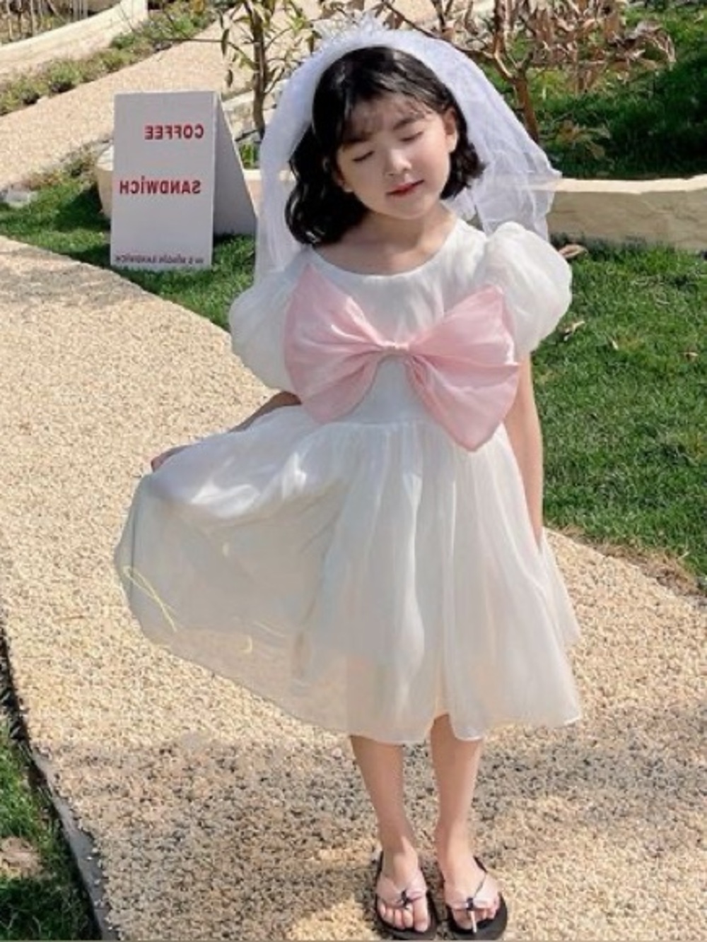 White Girls' Dress with Pink Bow 6-7T